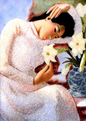 bức tranh thiếu nữ b&ecirc;n hoa huệ